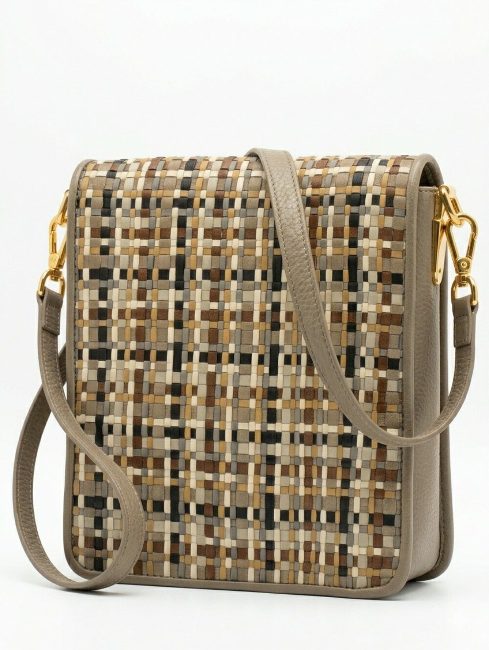 Vintage Ganson Woven Leather Crossbody Bag Neutral Black Taupe Mustard Gray 90s